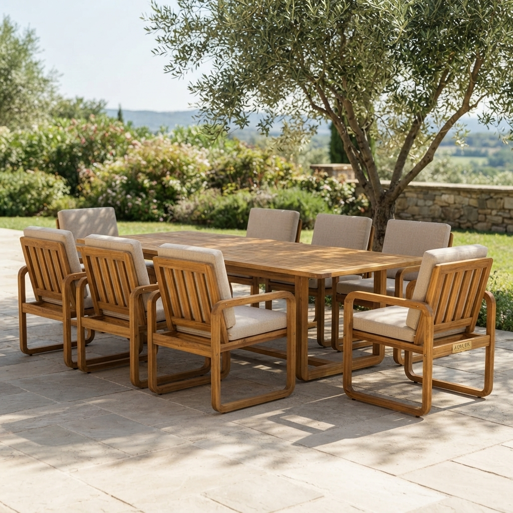 ADOUER WOOD Modern 9-Piece Wooden Outdoor Dining Set, 8-Person Rectangular Patio Table with Cushioned Armchairs