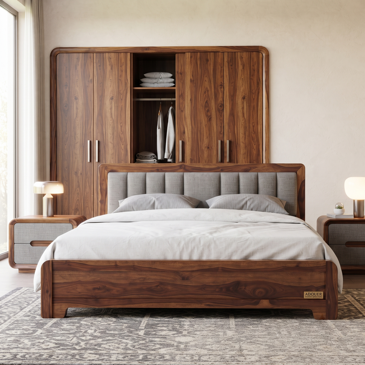 ADOUER WOOD Modern Wooden Bed Frame with Gray Fabric Tufted Headboard & Wood Slats