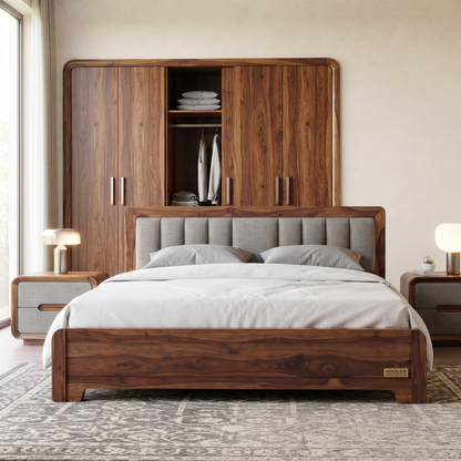 ADOUER WOOD Modern Wooden Bed Frame with Gray Fabric Tufted Headboard & Wood Slats