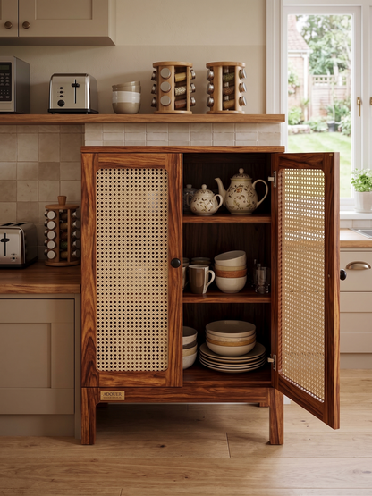 ADOUER WOOD Natural Wood & Cane Rattan 2-Door Storage Cabinet with Black Knobs