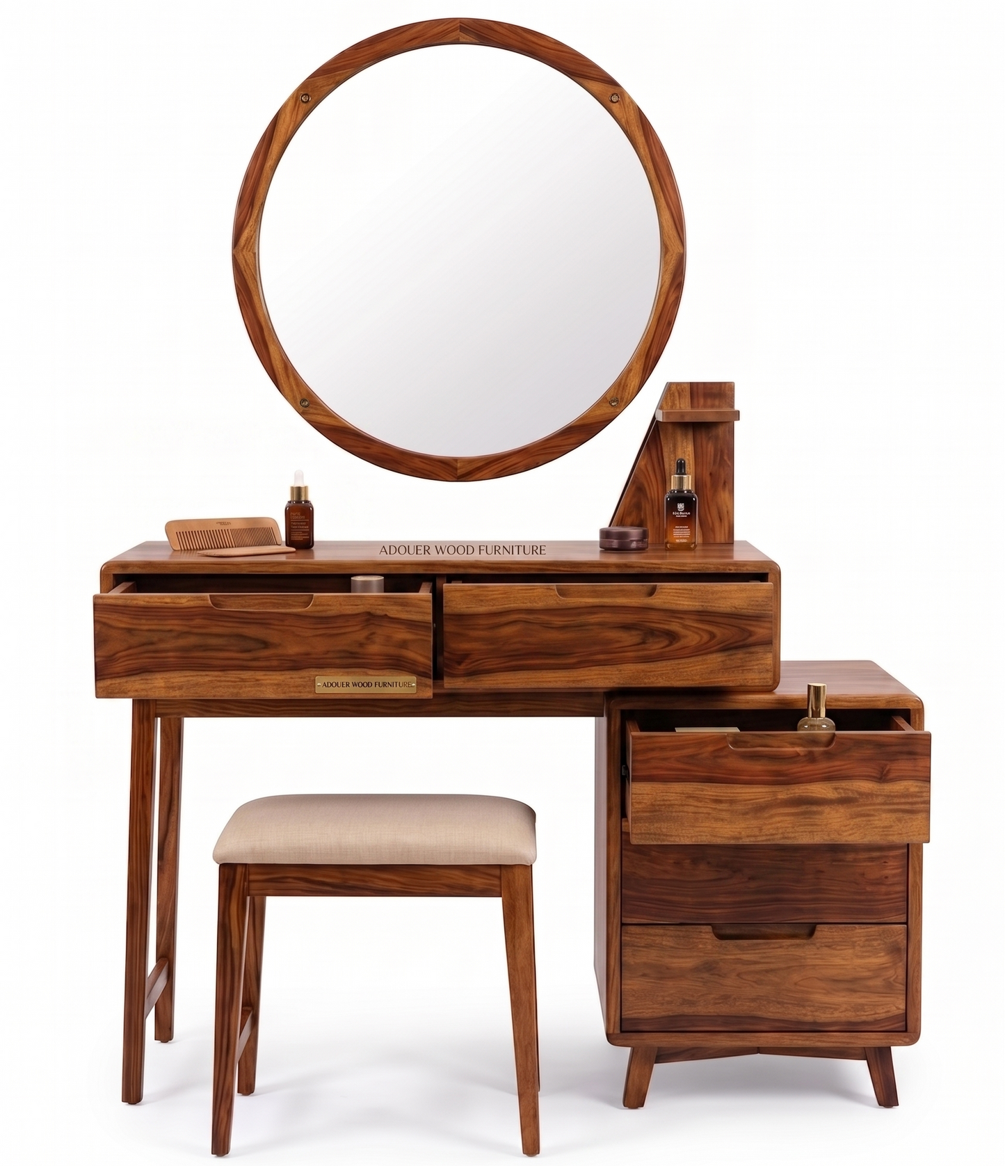ADOUER WOOD FURNITURE Solid Sheesham Wood Dressing Table Set with Large Round Mirror, Cushioned Stool & 5 Storage Drawers for Bedroom