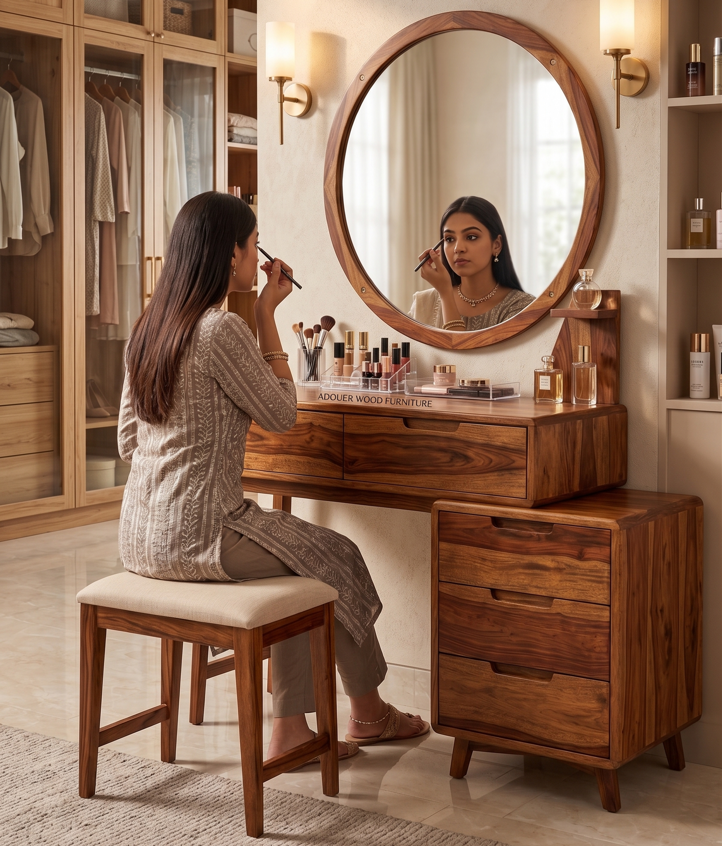 ADOUER WOOD FURNITURE Solid Sheesham Wood Dressing Table Set with Large Round Mirror, Cushioned Stool & 5 Storage Drawers for Bedroom