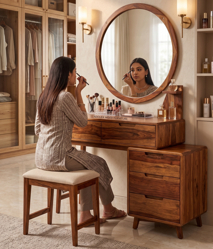 ADOUER WOOD FURNITURE Solid Sheesham Wood Dressing Table Set with Large Round Mirror, Cushioned Stool & 5 Storage Drawers for Bedroom