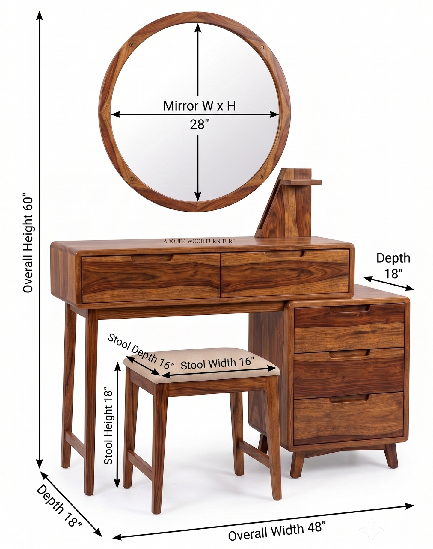 ADOUER WOOD FURNITURE Solid Sheesham Wood Dressing Table Set with Large Round Mirror, Cushioned Stool & 5 Storage Drawers for Bedroom