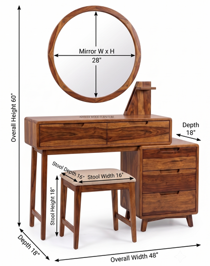 ADOUER WOOD FURNITURE Solid Sheesham Wood Dressing Table Set with Large Round Mirror, Cushioned Stool & 5 Storage Drawers for Bedroom