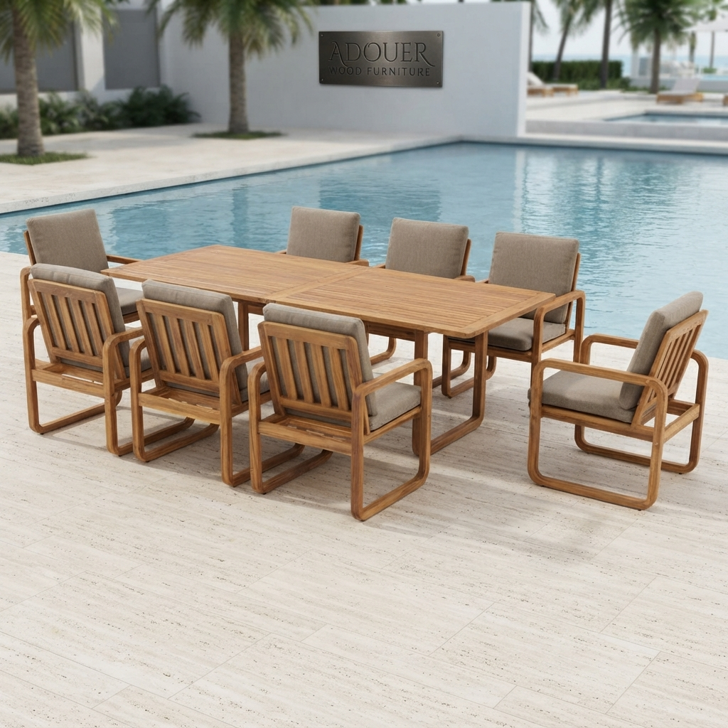 ADOUER WOOD Modern 9-Piece Wooden Outdoor Dining Set, 8-Person Rectangular Patio Table with Cushioned Armchairs