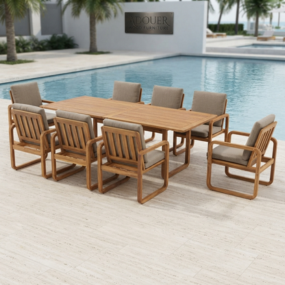 ADOUER WOOD Modern 9-Piece Wooden Outdoor Dining Set, 8-Person Rectangular Patio Table with Cushioned Armchairs