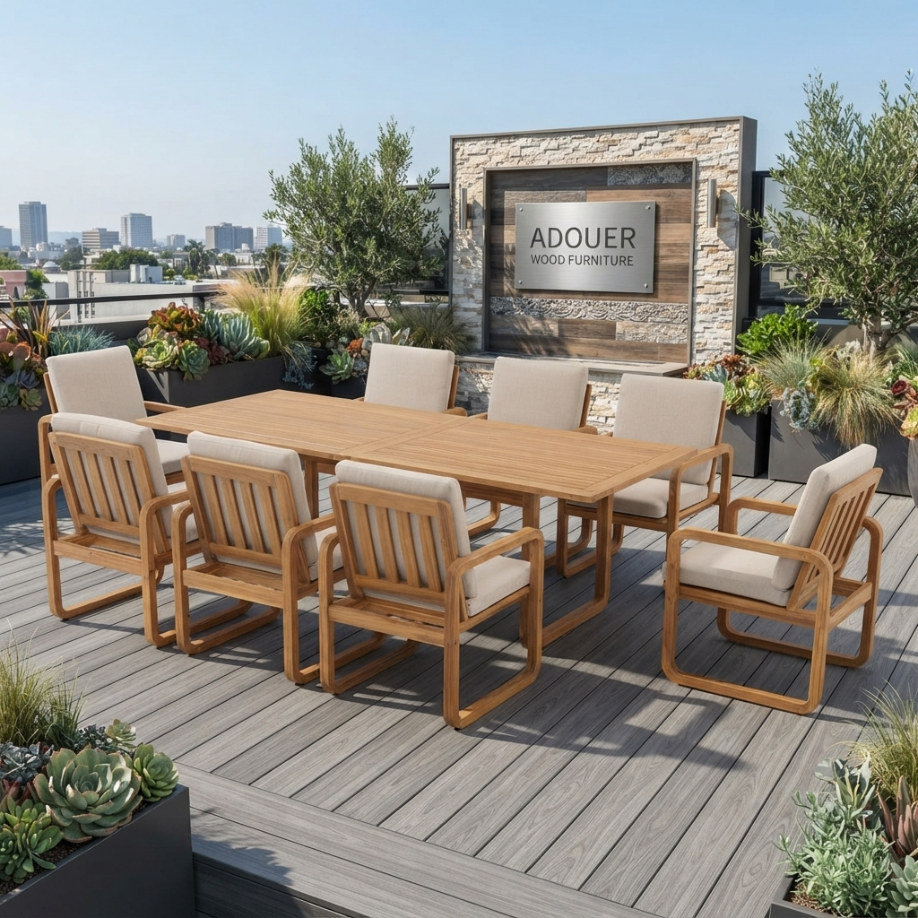ADOUER WOOD Modern 9-Piece Wooden Outdoor Dining Set, 8-Person Rectangular Patio Table with Cushioned Armchairs