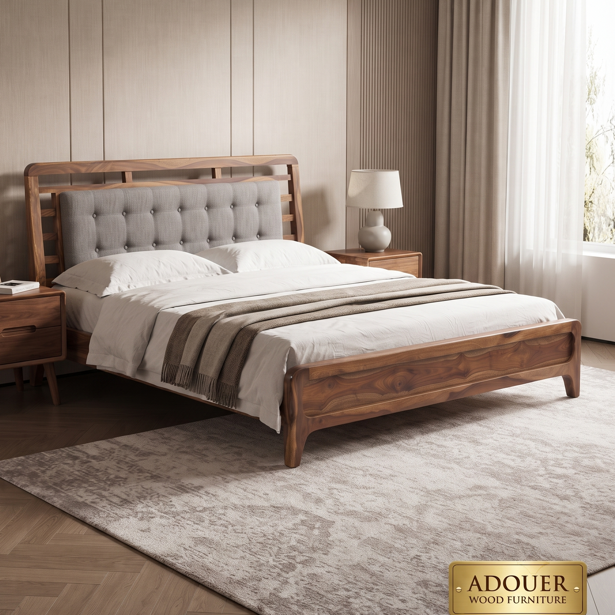 ADOUER WOOD Modern Solid Wood Platform Bed with Upholstered Tufted Headboard and Wooden Slat Support