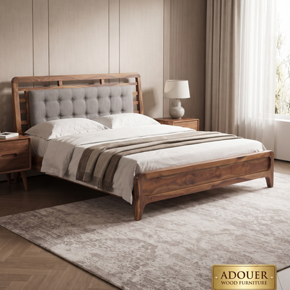 ADOUER WOOD Modern Solid Wood Platform Bed with Upholstered Tufted Headboard and Wooden Slat Support