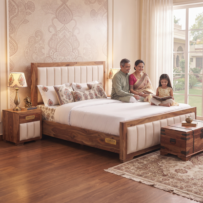 ADOUER WOOD Premium Wooden Platform Bed with Beige Channel Tufted Headboard