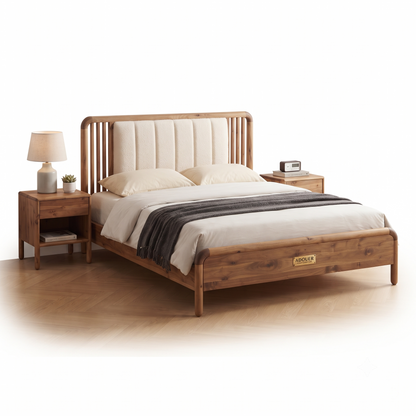 ADOUER WOOD Artisanal Sheesham Wood Bed with Bouclé-Style Vertical Channel Headboard