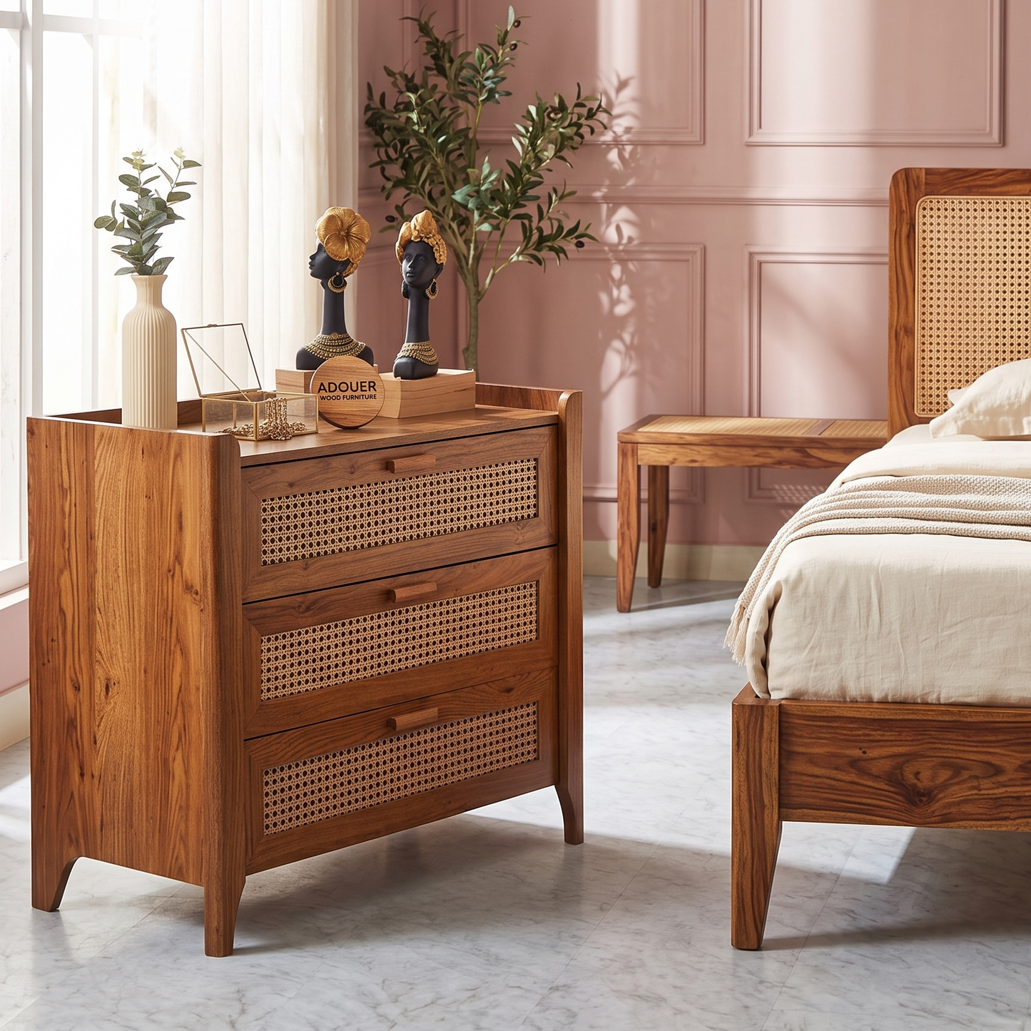 ADOUER WOOD Sheesham Wood Woven Rattan 3-Drawer Chest | Solid Wood Storage Dresser