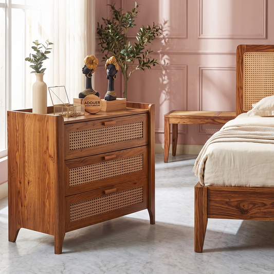 ADOUER WOOD Sheesham Wood Woven Rattan 3-Drawer Chest | Solid Wood Storage Dresser
