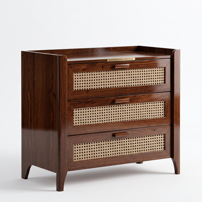 ADOUER WOOD Sheesham Wood Woven Rattan 3-Drawer Chest | Solid Wood Storage Dresser