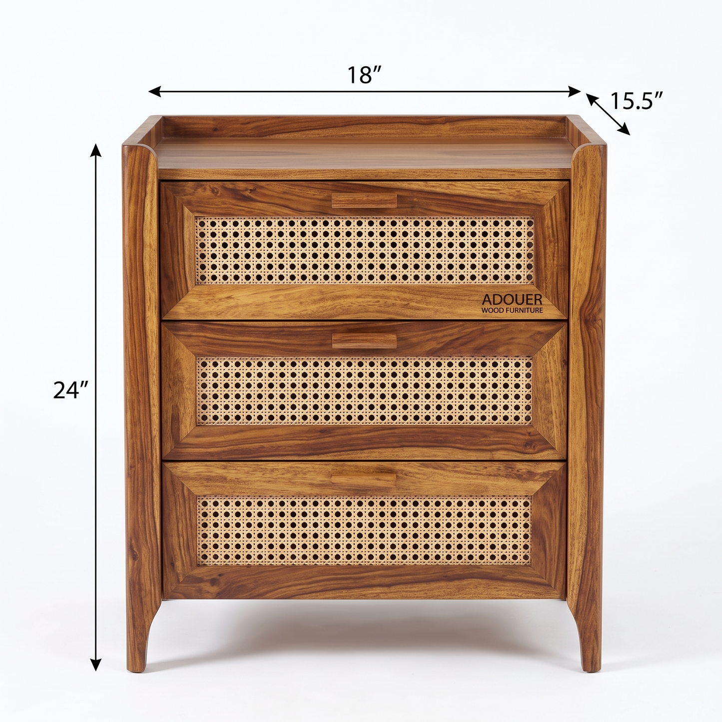 ADOUER WOOD Sheesham Wood Woven Rattan 3-Drawer Chest | Solid Wood Storage Dresser