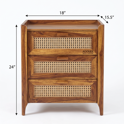 ADOUER WOOD Sheesham Wood Woven Rattan 3-Drawer Chest | Solid Wood Storage Dresser