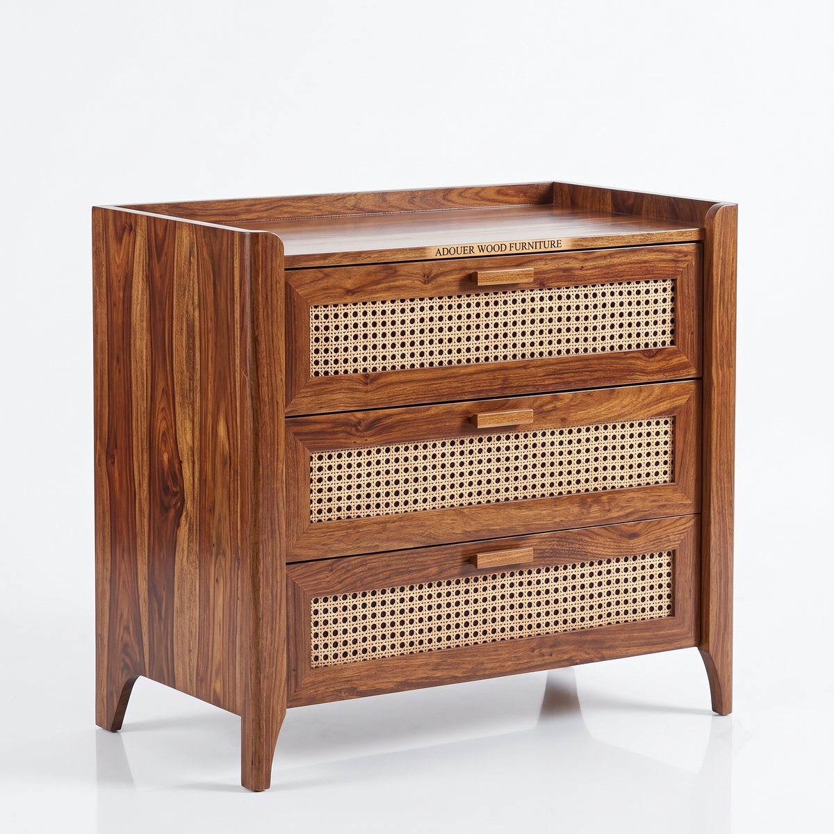ADOUER WOOD Sheesham Wood Woven Rattan 3-Drawer Chest | Solid Wood Storage Dresser