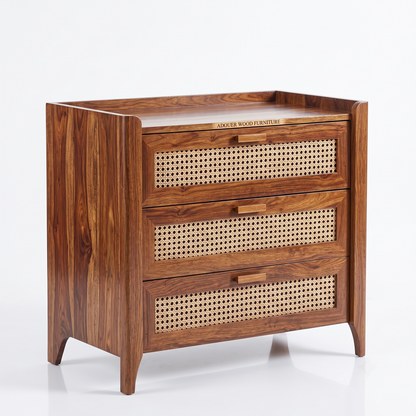 ADOUER WOOD Sheesham Wood Woven Rattan 3-Drawer Chest | Solid Wood Storage Dresser