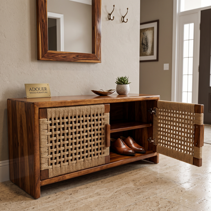 ADOUER WOOD Solid Wood TV Stand I Console Table with Woven Natural Jute/Rope Cabinet Doors