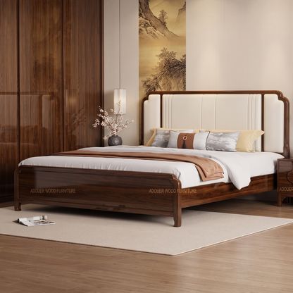ADOUER WOOD Japandi Walnut Finish Wooden Bed Frame with Off-White Padded Headboard
