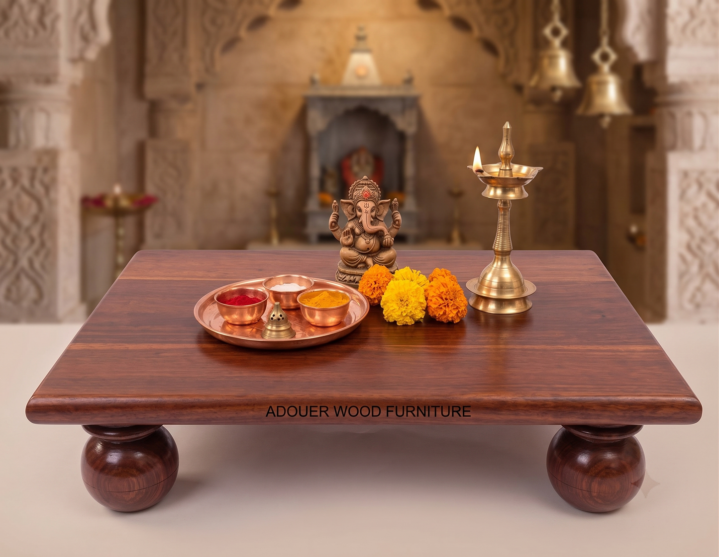 ADOUER WOOD Handcrafted Sheesham Finish Wooden Pooja Chowki with Round Ball Legs for Home Temple & Altar