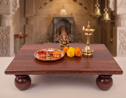 ADOUER WOOD Handcrafted Sheesham Finish Wooden Pooja Chowki with Round Ball Legs for Home Temple & Altar