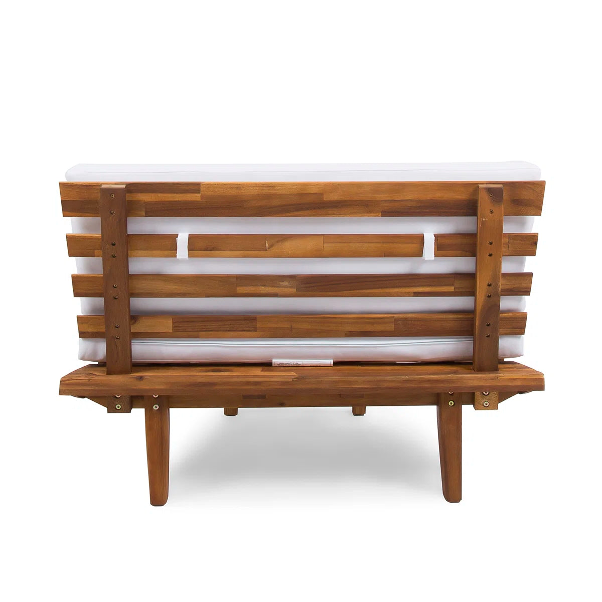 Wooden bench with a white cushion on a white background