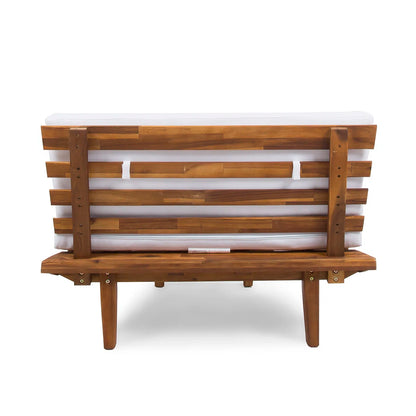Wooden bench with a white cushion on a white background