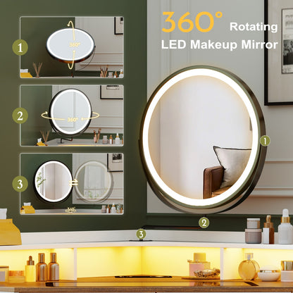 360-degree rotating LED makeup mirror with multiple angles shown on a green background.