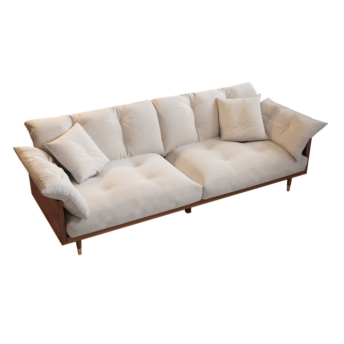 Beige sofa with wooden frame on a white background