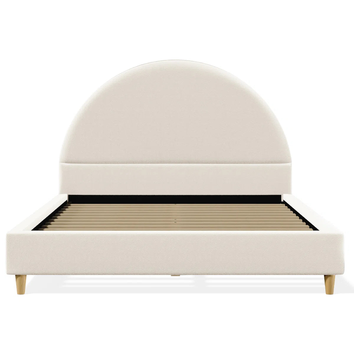 Beige upholstered bed with a rounded headboard on a white background