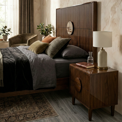 Cozy bedroom with wooden bed and nightstand, featuring pillows and a lamp.