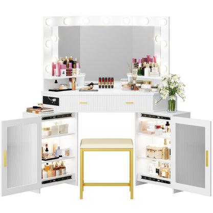 Makeup vanity with mirror, storage compartments, and various cosmetic products on a white background.