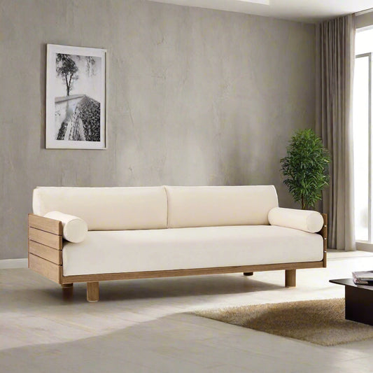 Beige sofa with wooden frame on a white background