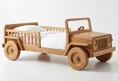 Wooden bed designed like a jeep on a white background