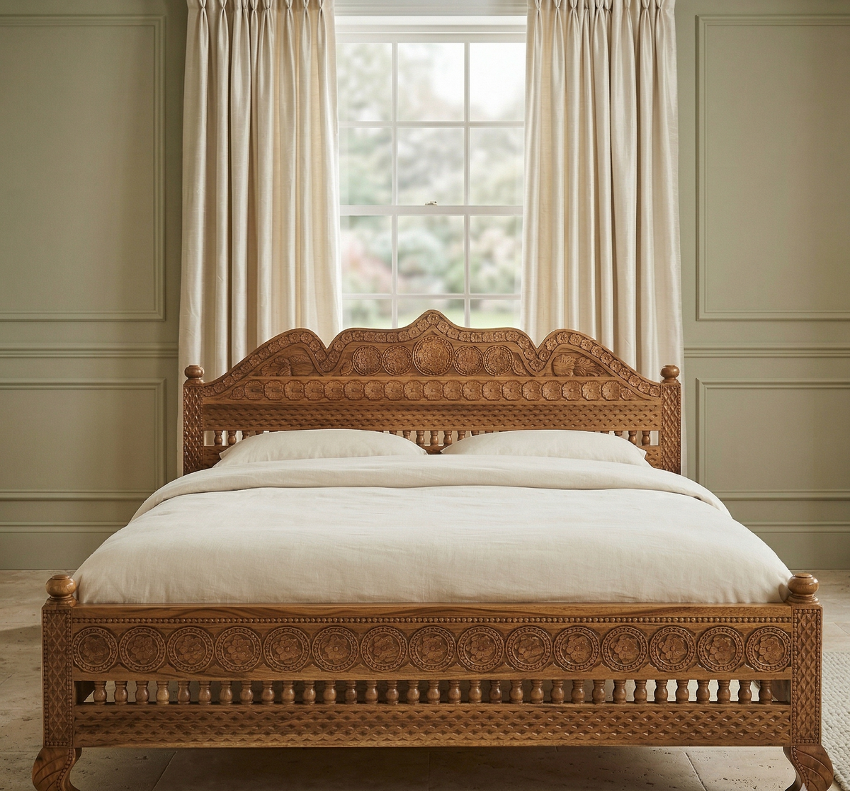 Wooden bed with intricate carvings in a room with beige walls and curtains.
