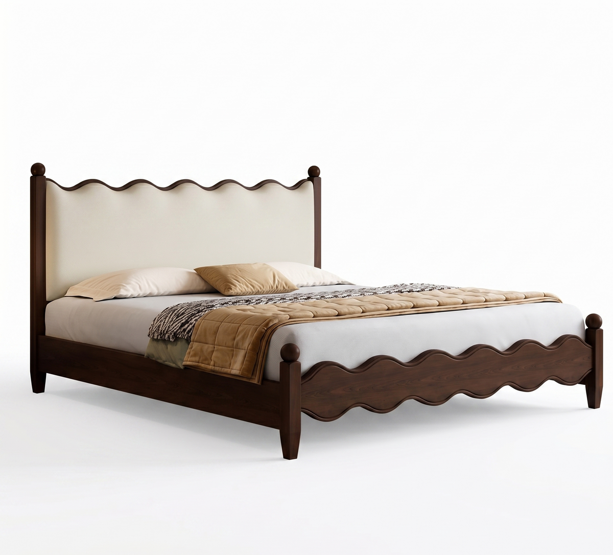 Wooden bed with scalloped headboard and footboard on a white background