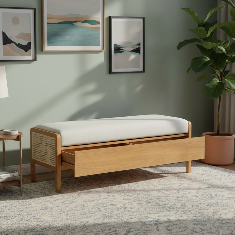 Wooden bench with white cushion in a room with green walls, framed artwork, and a plant.