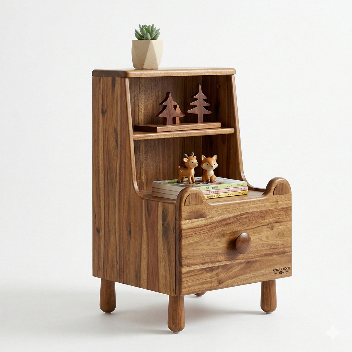Wooden children's bed side table with decorative items on a white background