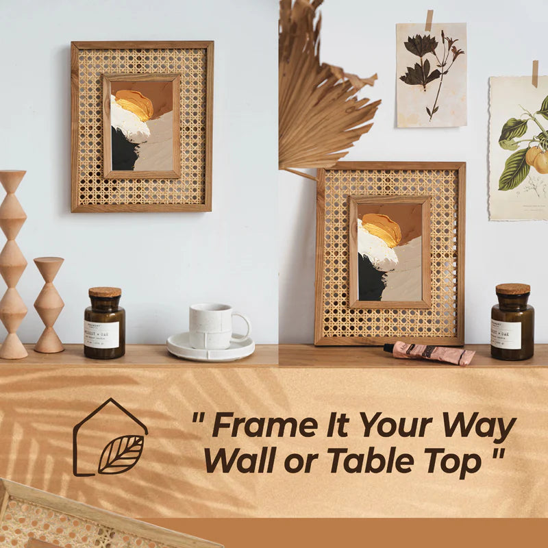 Wooden frames on a table with decorative items and 'Frame It Your Way' text.