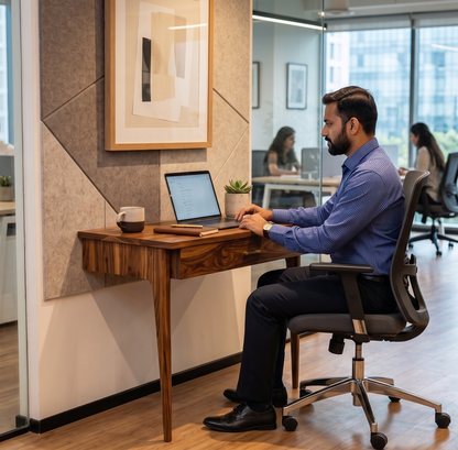 Man working on a laptop at a wall-mounted desk in an office setting.