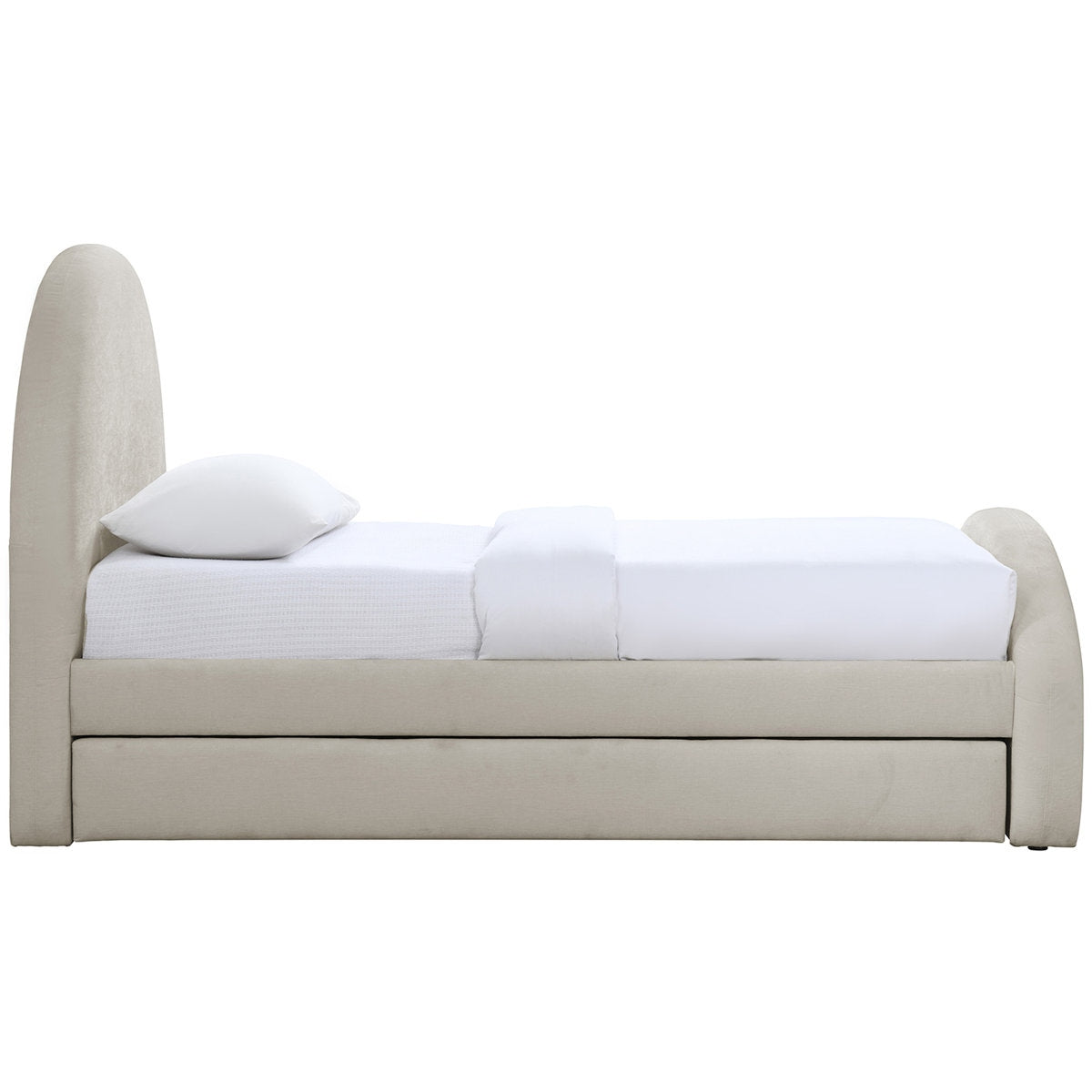 Beige bed with white bedding on a white background