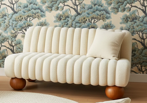 Beige sofa with wooden legs against a wall with tree wallpaper