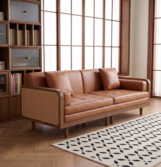 Brown leather sofa in a room with wooden bookshelf and large windows.