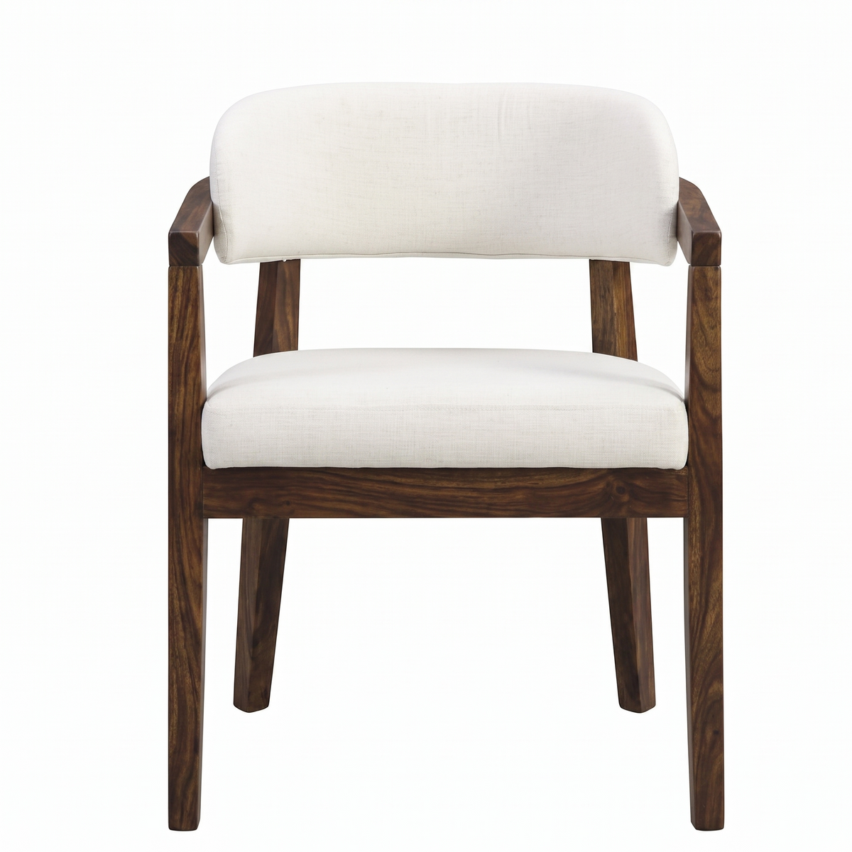 Chair with white cushioned seat and backrest on a wooden frame against a white background