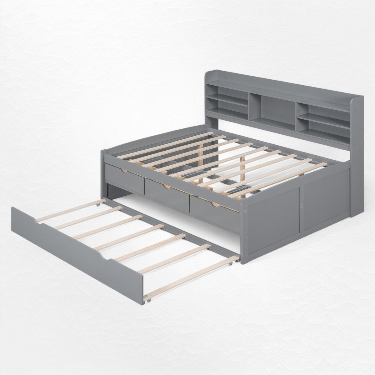 Gray bed frame with storage drawers on a white background