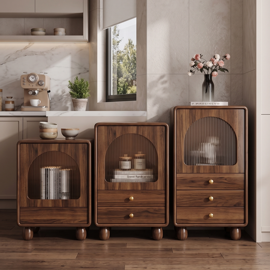 Three wooden cabinets with glass panels in a kitchen setting.