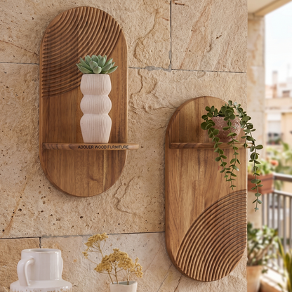 Two oval wooden wall shelves with carved wave patterns, mounted on a beige stone wall. One shelf holds a small potted succulent in a ribbed white vase, and the other holds a trailing green plant in a pink pot.
