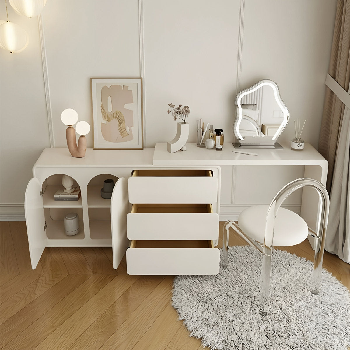 White vanity desk with mirror, chair, and decorative items in a room.